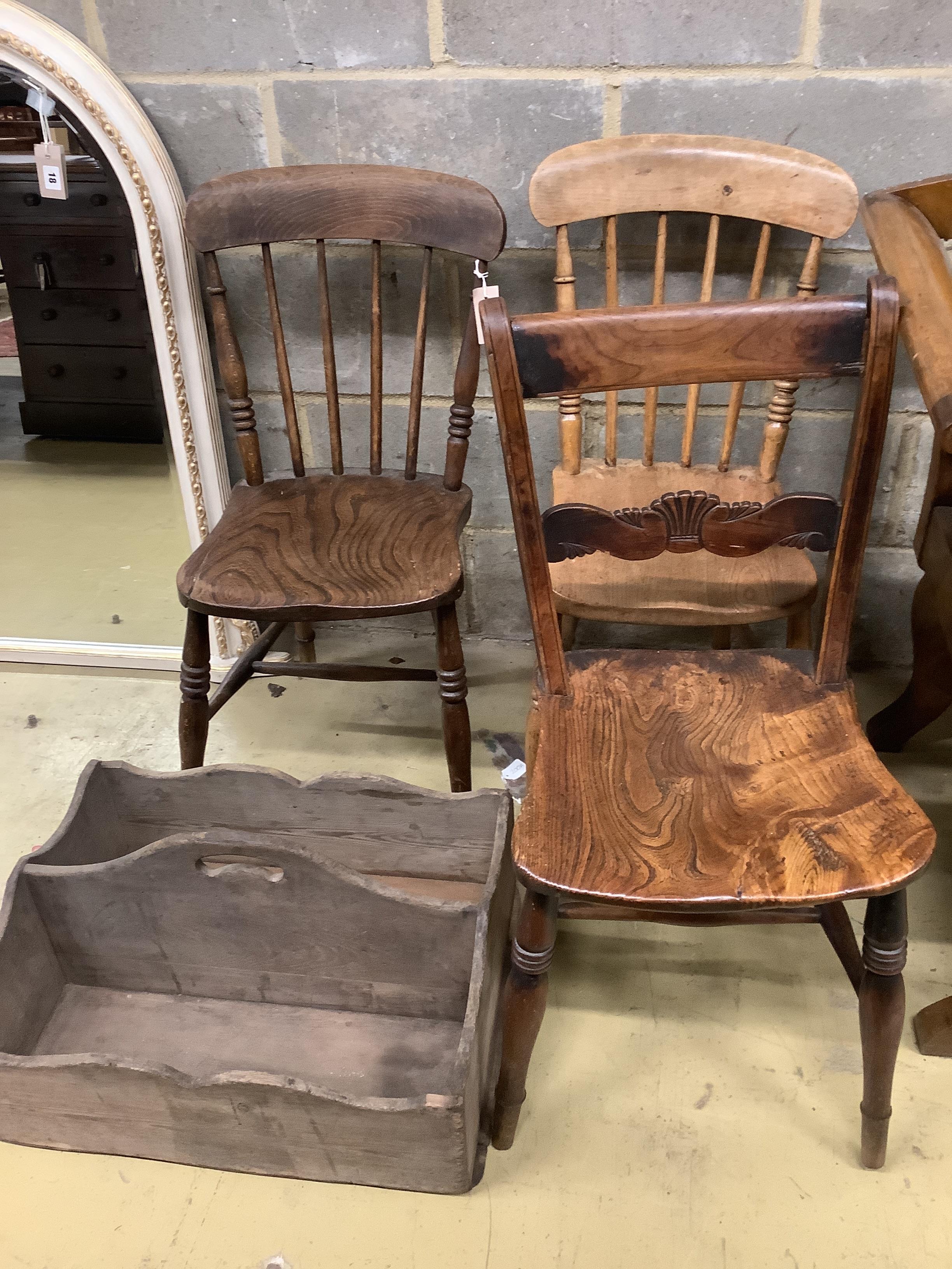 Three Victorian elm and beech Windsor chairs together with a Victorian two division carrier